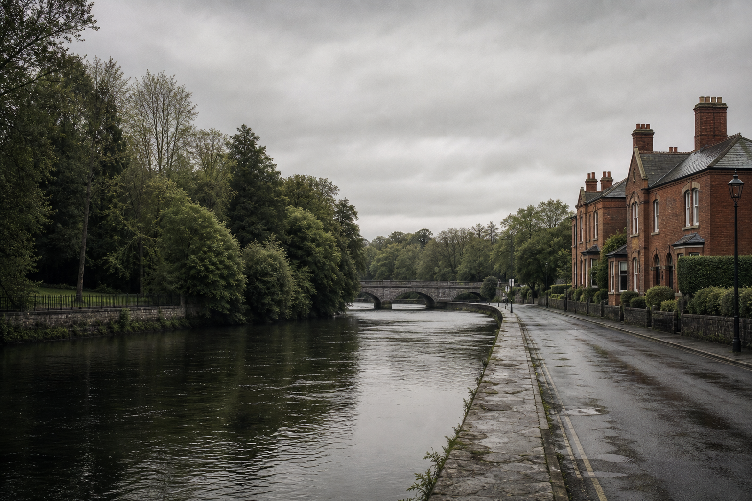 The Liffey curving past Islandbridge with mature trees and a glimpse of the Phoenix Park railing, under soft overcast Dublin light