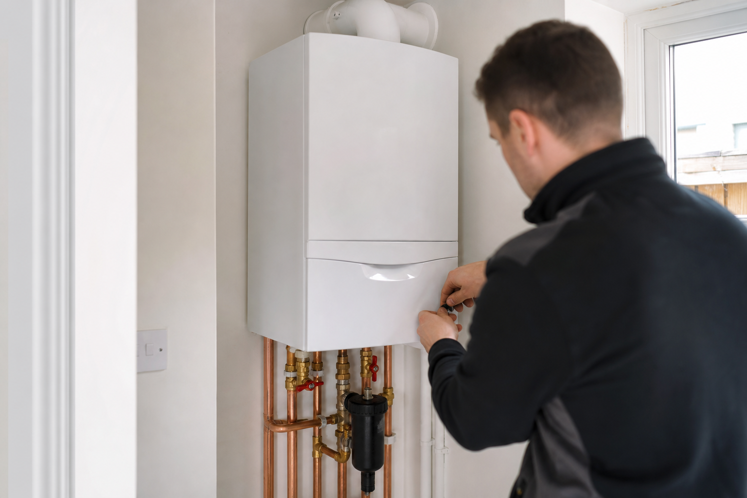 A new Worcester Bosch combi boiler being installed in a Dublin utility room with copper pipework