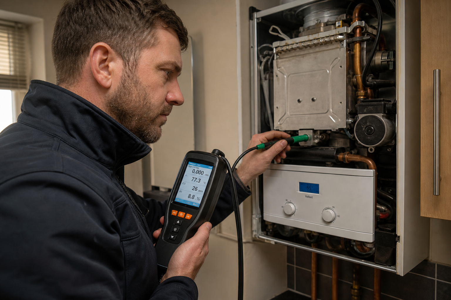 Gas engineer using a digital flue gas analyser on an opened wall-mounted combi boiler