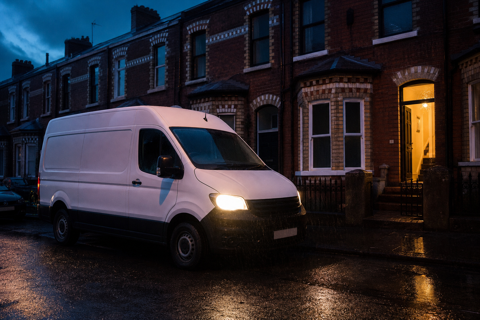 Service van parked outside a Dublin red-brick terrace at night for an emergency callout