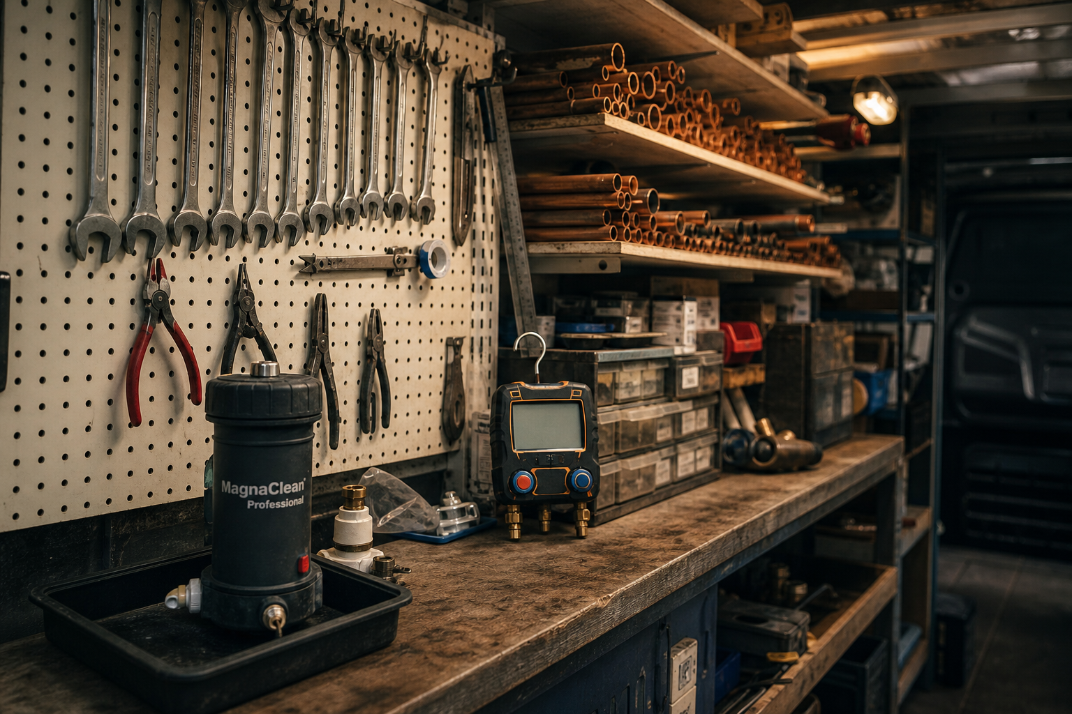Inside the Kilmain Express workshop — pegboard with spanners, racked copper pipework, manometer and Magnaclean filter on the workbench